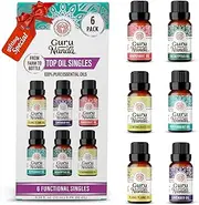 GuruNanda Top 6 Singles Essential Oils Set - 100% Pure and Natural Therapeutic Grade Oil for Aromatherapy Diffuser - Includes Lavender - Peppermint - Eucalyptus - Lemongrass - Orange - Cedarwood