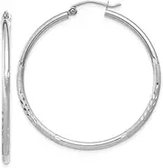 [JewelryWeb] 10k White Gold Satin and Sparkle Cut 2mm Round Hoop Earrings 40mm Long 2mm Thick-Hoop Earring for Women
