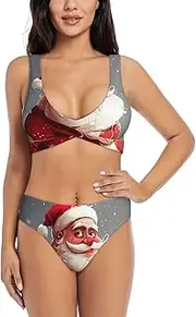 [EdWal] Cartoon Santa Claus Print Bikini Set for Women Halter Strapless Ruched Color Block Trim Swimsuit 2 Piece for Women