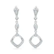 14k White Gold Round Diamond Offset Square Dangle Earrings 1/6 Cttw