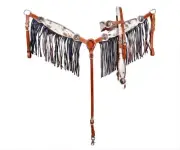 Cowhide inlay browband horse headstall & breast collar set with fringe & conchos