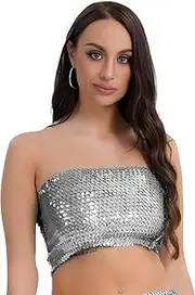 [Generic] Women's Sexy Sequin Tube Top Shiny Strapless Crop Tube Top Glitter Hot Belly Dance Bandeau Bra Top Performance Bralette