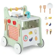 Costway 6-in-1 Stroller Wooden Walker Push Pull Learning Activity Center w/Play Kitchen,Teaching Clock