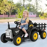 HONEY JOY Kids Ride On Car, 12V Electric Ride On Tractor with Trailer for Children, Electric Toy Car for Over 3 w/Remote Control, Safety Belt, Headlights, USB, Wireless Function, Music, Horn (Black)