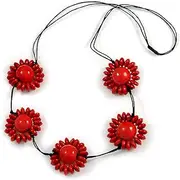 [Avalaya] Red Wood Bead Floral Necklace with Black Cotton Cords - 70cm Long, One Size, cords Wood