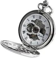 [Kirposh] Vintage Silver Smooth Pocket Watch Unisex Automatic Mechancial Pocket Watches with Roman Numbers Pendant Skeleton