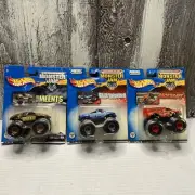 3 Hot Wheels Monster Jam Team Meents Blue Thunder Backdraft 2002 Mattel 1:64 Toy