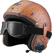 Bluetooth Open Face Leather Helmet Retro Motorcycle Half Helmet with Goggles Jet Helmet 3/4 Helmet for Adult Men Women Cruiser Helicopter Scooter DOT/ECE Approved