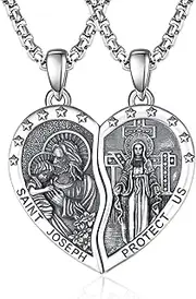 ADMETUS Heart Couple Necklaces Matching 925 Sterling Silver Patron Saint Medal and Miraculous Medal Protection Jewelry Religious Gifts for Him and Her