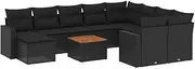 vidaXL 11 Piece Black Poly Rattan Garden Sofa Set - Modular Sofa with Cushions for Patio & Backyard - Removable, Washable Covers, Acacia Wood Tabletop