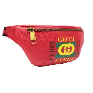 【GUCCI 古馳】527792 經典Gucci Print復古牛皮織帶胸腰包/斜背包(紅色90CM)