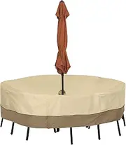 Classic Accessories Veranda Water-Resistant 60 Inch Round Patio Table & Chair Set Cover with Umbrella Hole, Pebble, Outdoor Table Cover