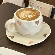 Cappuccino Cup Set, Ceramics Coffee Mug with Saucers 10 oz/300 ml Latte Art Cup Vintage Aesthetic Flower Barista Cup for Americano, Tea, Espresso,Mocha, Milk - Microwave and Dishwasher Safe (Heart)