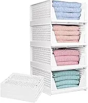 4Pcs Large Stackable Plastic Storage Basket Bins Foldable Closet Storage Basket Drawer, Folding Organizers Clothes Drawer for Clothes, Beauty, Bathroom, Kitchen, Tools, Snacks (4L)