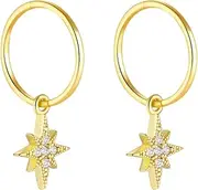 [Serenity Sleepers] 24K Gold Plated 925 Solid Sterling Silver Sleeper Huggie Hoop Charm Earrings For Women | Starburst Star | Dainty Zirconia Earrings