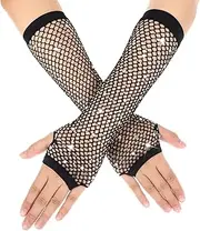 [Xinjoduz] Fishnet Gloves Shiny Mesh Gloves Long Fishnet Gloves Black Tulle Gloves Fishnet Fingerless Women's Mesh Gloves with Rhinestones Short Glitter Gloves Black for 80s Party, black, Medium