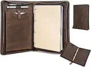 Contacts Full Grain Leather Portfolio 4 Ring Binder Professional A4 Notebook Folder Zipper Binder Organizer with 11" iPad Pocket, 40 Sheets of A4 Paper