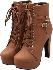[Bellirala] Women's Studded Buckled Combat Boots Chunky Platform Ankle Booties Goth Punk Lace Up Knight Biker Boots Zipper High Heels