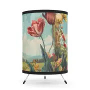Blue Sky Floral Lamp Tripod Golden Warm Lamp Shade USCA Lighting 11" H 7" W