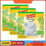 3 Pack Glad ForceFlex Tall Kitchen Drawstring Trash Bags, 13 Gallon, 80 Count