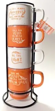 Grateful Gatherings (4) mini Orange/White coffee cups w/black tower rack New