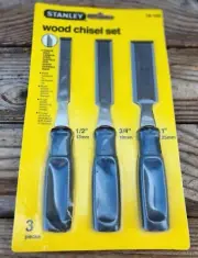 NOS Vintage 1987 Stanley Wood Chisel Set 1/2", 3/4" & 1" Chisel w/ Black Handles