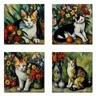 Cats and Flowers Ceramic Tiles Set Of 4 Backsplash Tile Impressionist Style Art