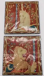 Set of 2 Tapestry Jacquard Plaques Wall Hangings Cluny Lion & Cluny Unicorn
