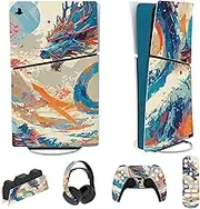 PlayVital Full Set Skin Stickers for PS5 Slim Console Digital Edition, Vinyl Skin Stickers Protective Film for PS5 Controller, Charging Station, Headset, Media Remote Control Dragon Elysium