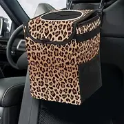 Car Trash Can Leopard Print Garbage Can with Lid Hanging for Back Seat Women Car Accessories Cute Leakproof Vehicle Trash Bin Container Bag for Cars SUVs Truck Sedan