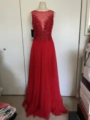 New Basix Black Label Dress Red Beaded Sequins Mesh ￼Party Long Dress SZ 4