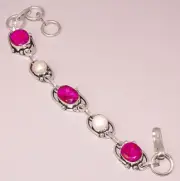 Red Ruby Faceted Fresh River Pearl 925 Sterling Silver Plated Boho Bracelet