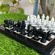 15'' Black Marble Chess Board Handmade Marble Inlay chess table top with figures