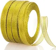 YASEO 3/8 Inch Gold Glitter Ribbon, 100 Yards Sparkly Metallic Fabric Ribbons for Gifts Wrapping Wedding Party Decoration and Crafts