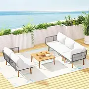 Gardeon Outdoor Sofa 5 Seater Lounge Setting Table and Chairs, Wooden Patio Furniture Steel Modular Set Garden Pool Deck Backyard, Weather-Resistant Cushions with Side Corner Tables and Cushions
