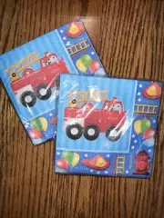 Kids Birthday Beverage Napkins - Fire Engine Fun - Firefighter Party - Pack Of 2