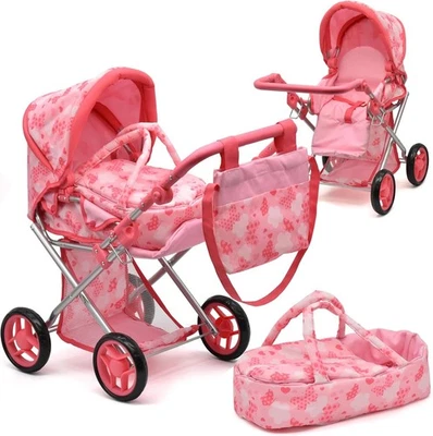 25" Baby Doll Stroller Pram w/ Carrier, Canopy & Storage Basket - Pink