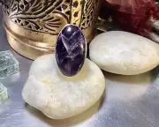 Genuine 925 Sterling Silver Amethyst Gemstone Adjustable Ring Size 9.5/T