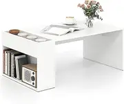 Giantex Coffee Table, Coffee Table with Double-Layer Storage Space, Modern Center Table with Water-Resistant Board and Tunnel, Dining Table Office Table for Living Room Bedroom Balcony, White