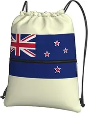 EdWal New Zealand Flag Print Drawstring Backpack Gym Bags Sports Bags With Zipper Pocket For Travel Beach, Black, One Size
