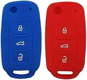 LemSa 2Pcs Keyless Entry Remote Car Flip Key Fob Outer Shell Cover Soft Rubber Protective Case for VW Volkswagen Jetta GTI Passat Golf Tiguan Touareg Beetle, Red+Blue