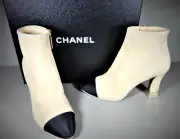 CHANEL 37 beige suede black silk cap point toe boots booties gold "CC" NEW