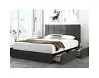 Queen Size Bed Frame Upholstered Platform w/ Storage Drawer+Adjustable Headboard