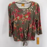 NWT Ruby Rd Green Floral Tie Front 3/4 Sleeve Keyhole Blouse Size Small