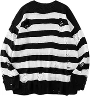 [UNeedVog] Men's Striped Sweaters Ripped Sweater Knit Jumpers Tops Unisex Oversized Pullovers