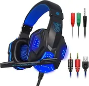 Gaming Headset with Mic and LED Light for Laptop Computer, Cellphone, PS4 and so on, maxin 3.5mm Wired Noise Isolation Gaming Headphones - Volume Control.(Black and Blue)