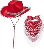 Cowgirl Hat With Fringed Bandana, Wide Brim Curved Edge Sequins, Chin Strap, Non-woven Western Cowboy for Cosplay, Halloween Costumes - Red