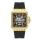 GUESS原廠平輸手錶 | 三眼日期顯示 方形錶 鏤空錶盤 金x黑 矽膠錶帶 GW0637G2