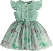 [Generic] Toddler Girls Fly Sleeve Dinosaur Prints Tulle Ribbed Princess Dress Clothes Dress Up Clothes for Little Girls