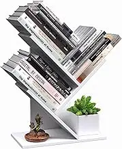 R RUISHENG 3 Tier Small Tree Bookshelf Storage Organizer Shelves Floor Standing Bookcase Desk Wood Storage Rack for Home Office Living Room Bedroom Display for Book Magazine CD manga Warm White